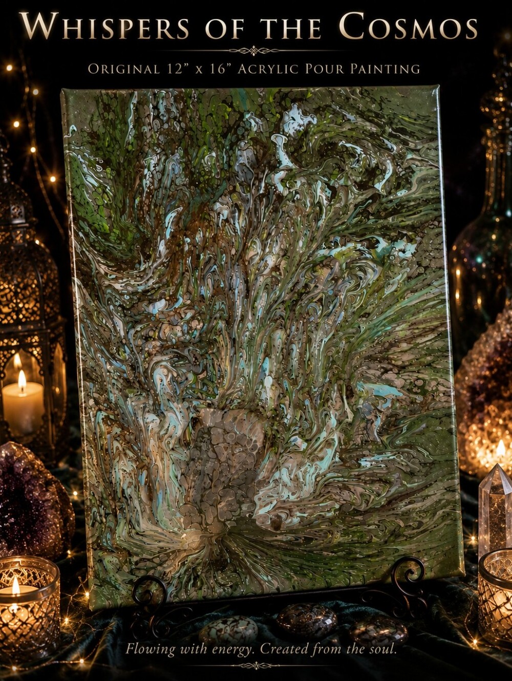 Whispers of the Cosmos Acrylic Pour Wall Art - Green Abstract Home Art